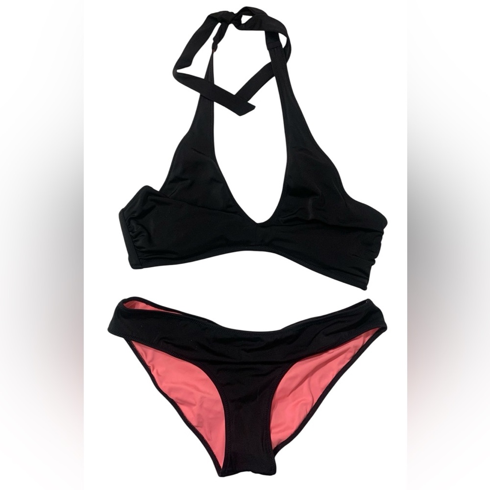 Victoria’s Secret Cross Front Black Bikini Black Pink Top Sz L Bottoms Sz M